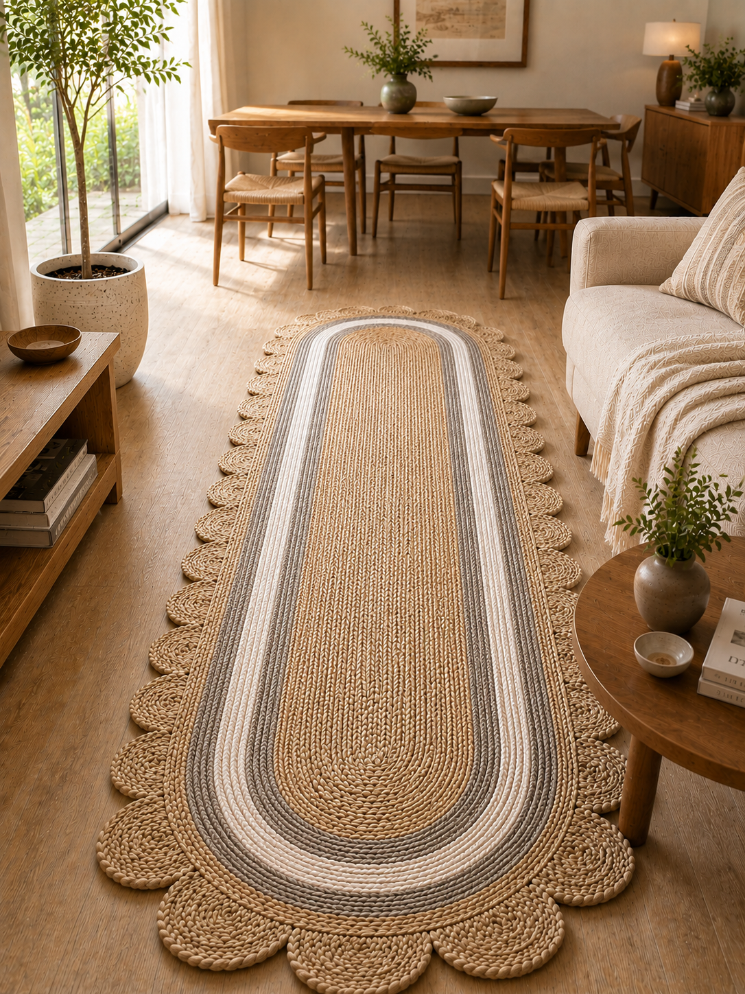 Oval Handwoven Jute Area Rug Natural Farmhouse Boho Rug for Living Room, Bedroom & Entryway Rustic Indoor Floor Scallop Carpet (White Grey Border)