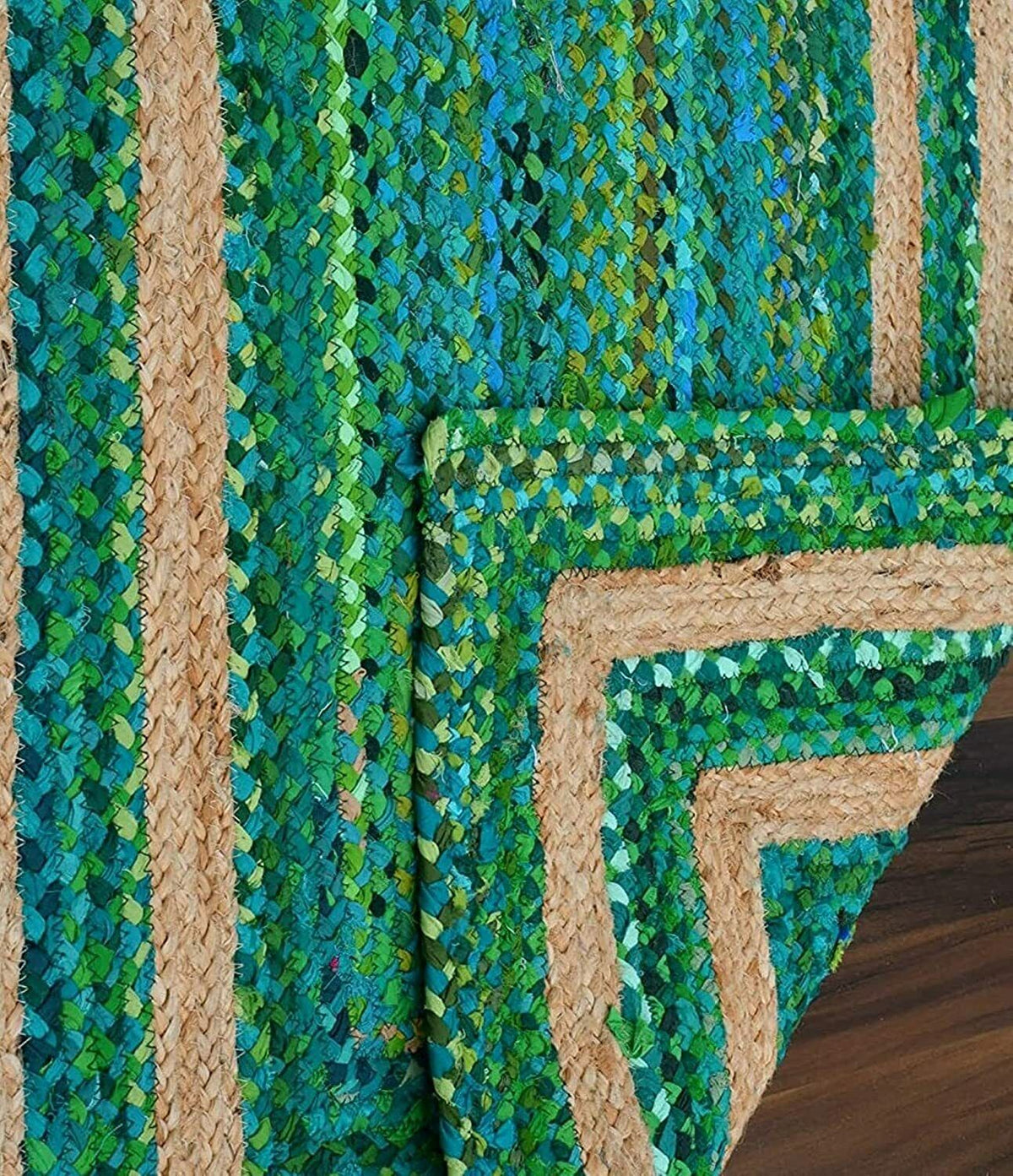 Rectangle Cotton Jute Area Rug Hand Woven Braided Rag Rug for Kitchen Living Room Guestroom Farmhouse Area Rug-Green & Beige
