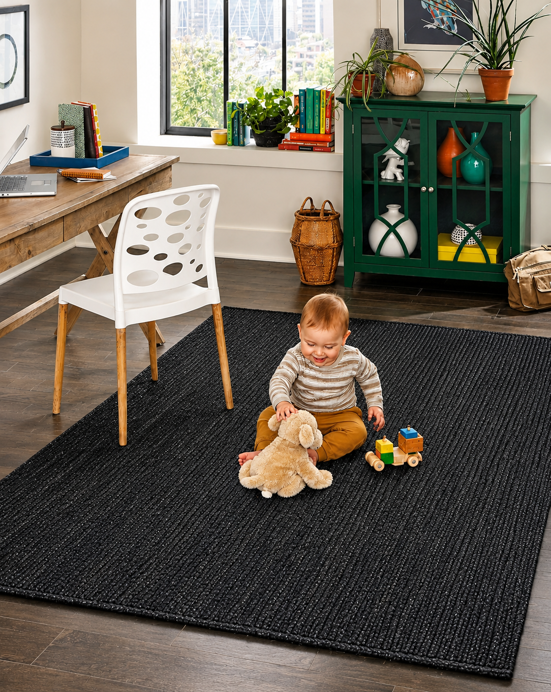 Natural Handwoven Jute Area Rug Black Dye Farmhouse Boho Rug for Living Room, Bedroom & Entryway Rustic Indoor Floor Mat
