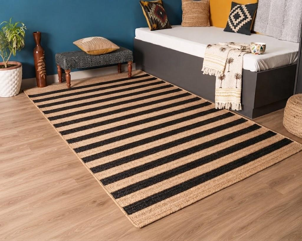 Natural Jute Area Rug Hand Woven Braided Sisal Rug Home Decor Farmhouse Carpet Rag Rug for Kitchen Living Room and Bedroom - Rectangle (Black & Beige)