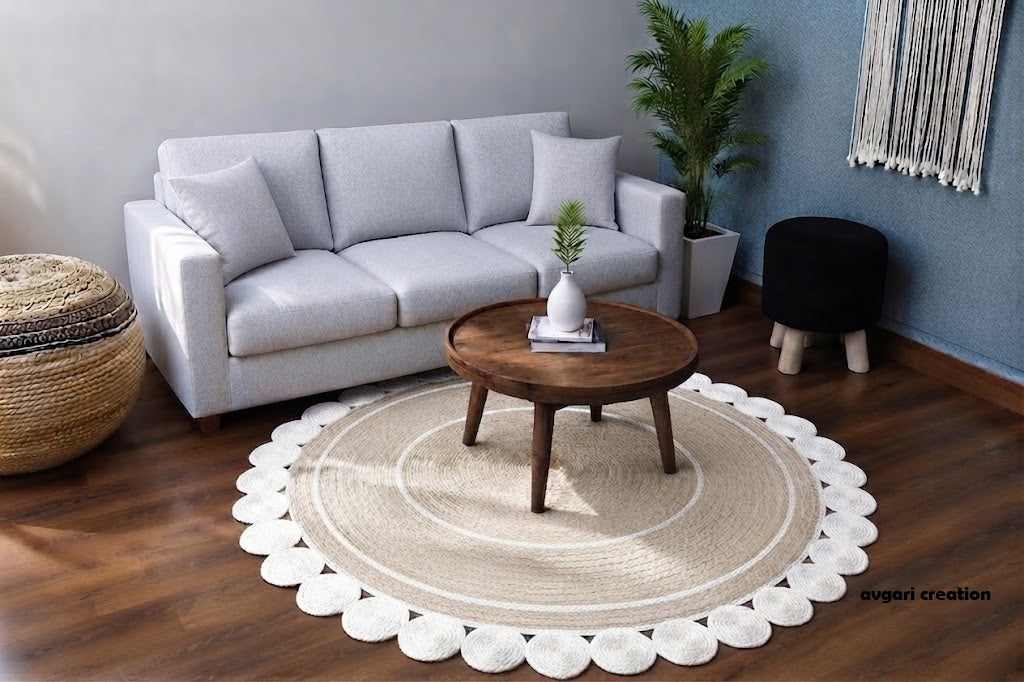 Round Shape Area Rug 100% Hand Braided Rustic Look Carpet for Home Decor Farmhouse Boho Rugs (Beige & White)