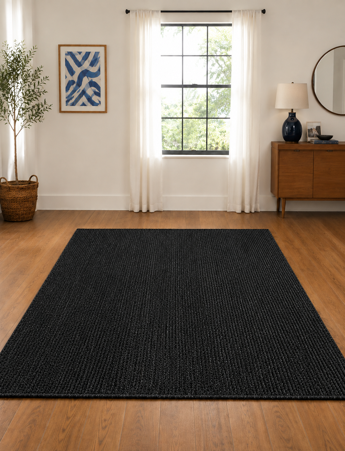 Natural Handwoven Jute Area Rug Black Dye Farmhouse Boho Rug for Living Room, Bedroom & Entryway Rustic Indoor Floor Mat