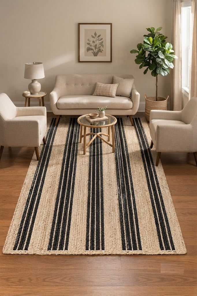Rectangle Jute Area Rug Hand Woven Braided Sisal Rug Home Decor Farmhouse Carpet Rag Rug for Kitchen Living Room and Bedroom-Beige & Black Stripe (Copy)