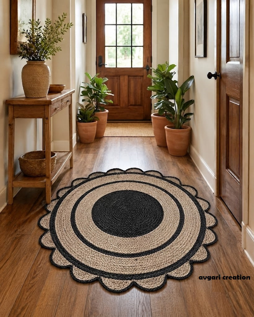 Round Shape Area Rug 100% Hand Braided Rustic Look Carpet for Home Decor Farmhouse Boho Scallop Rugs (Black Border)