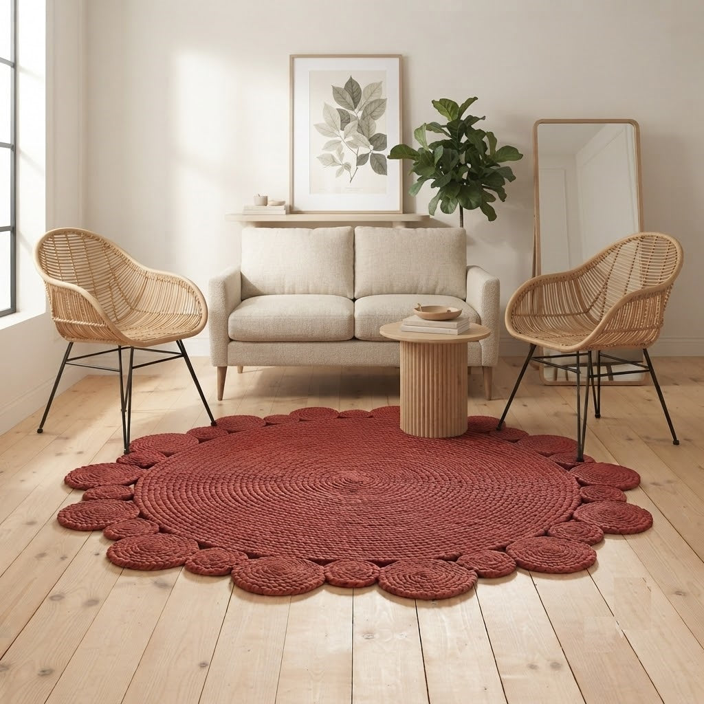 Round Shape Area Rug 100% Hand Braided Rustic Look Carpet for Home Decor Farmhouse Boho Scallop Rugs (Red)