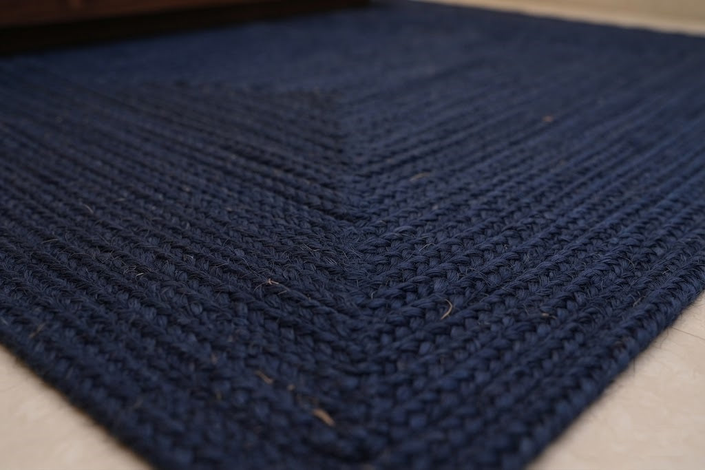 Natural Jute Area Rug Hand Braided Rug Home Decor Farmhouse Carpet Rag Rug for Kitchen Living Room and Bedroom - Rectangle-Blue