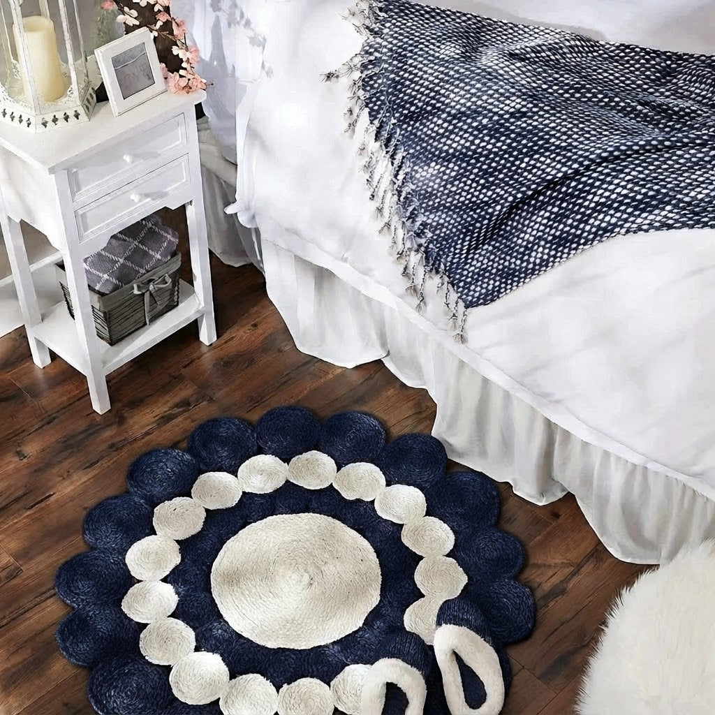 Jute Rug Round Shape Area Rug 100% Hand Braided Rustic Look Area Rug for Home Decor Farmhouse Boho Carpet Mats (Black & White)