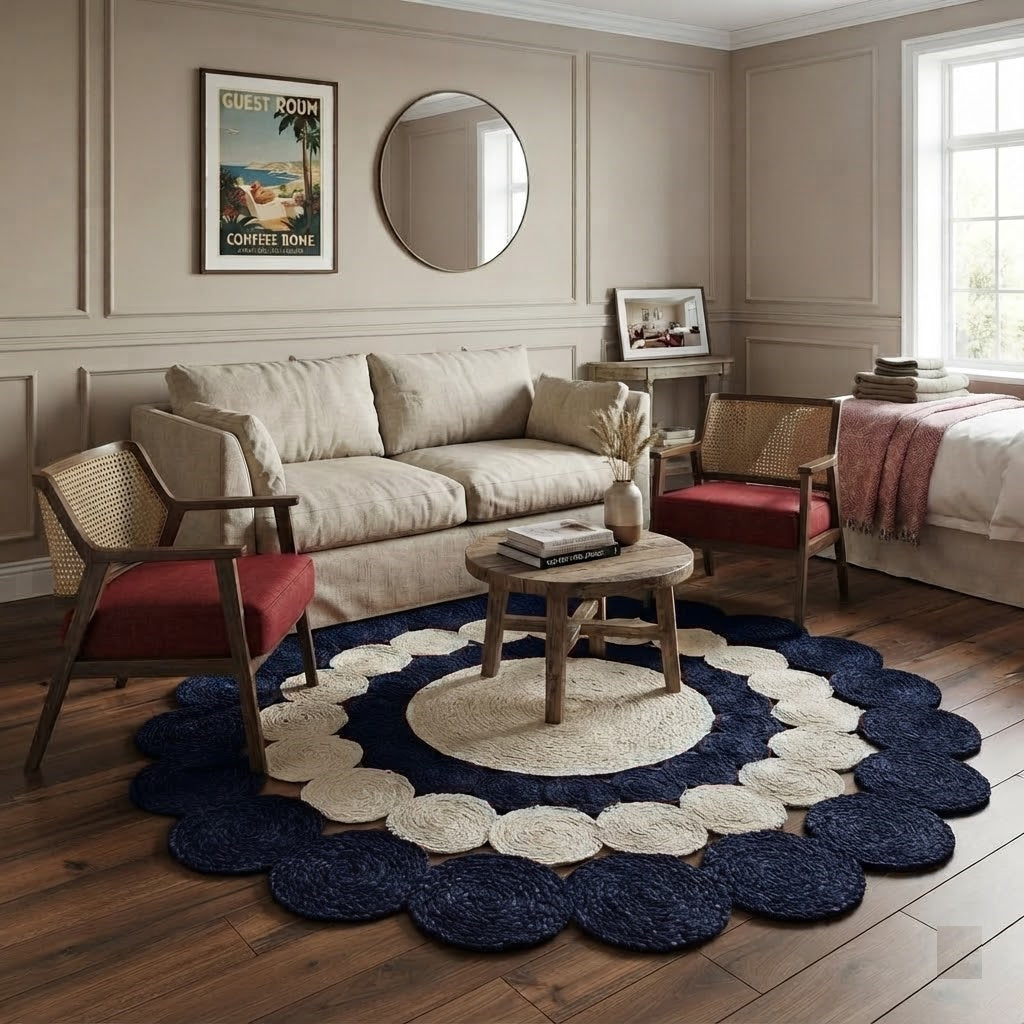 Jute Rug Round Shape Area Rug 100% Hand Braided Rustic Look Area Rug for Home Decor Farmhouse Boho Carpet Mats (Black & White)