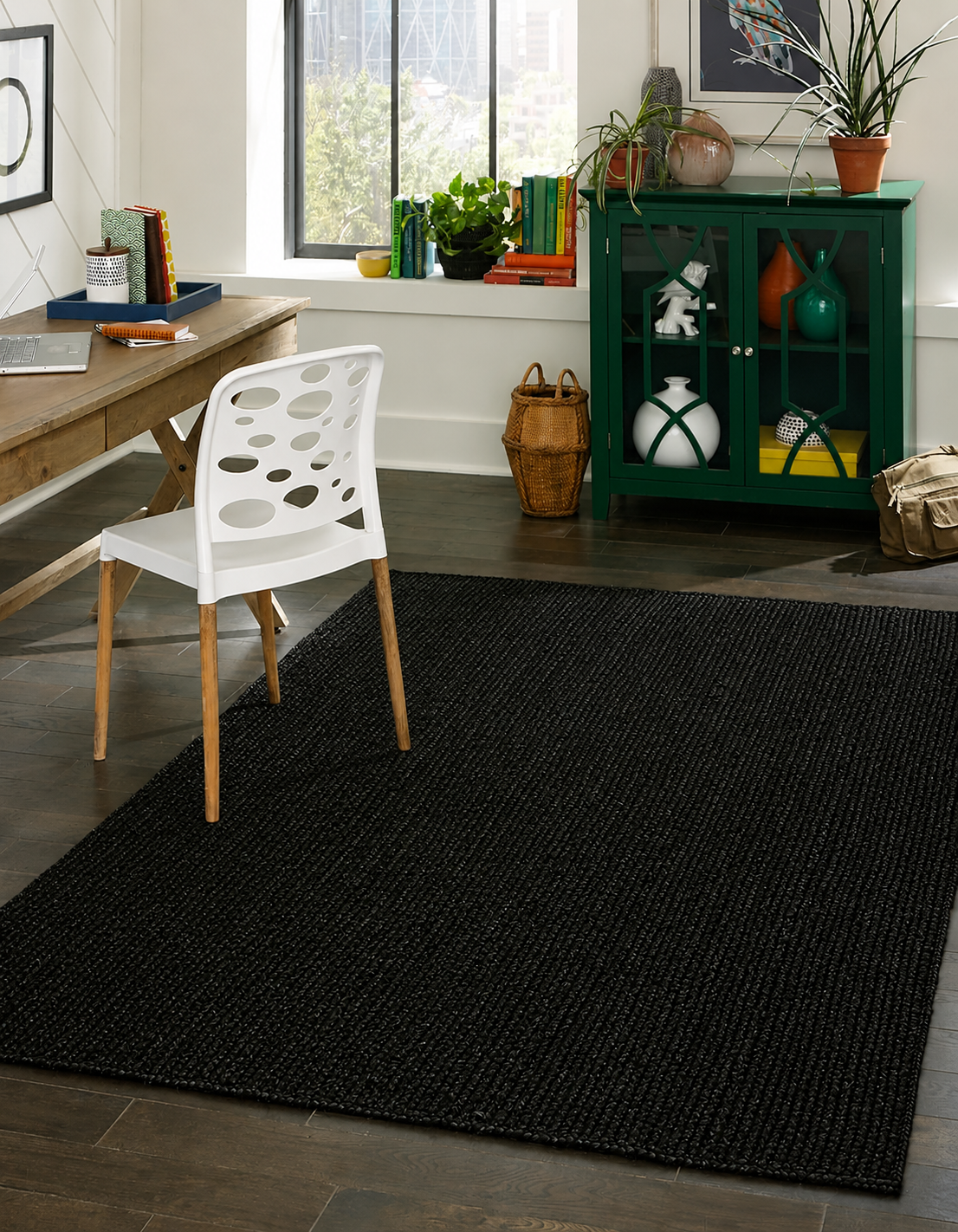 Natural Handwoven Jute Area Rug Black Dye Farmhouse Boho Rug for Living Room, Bedroom & Entryway Rustic Indoor Floor Mat