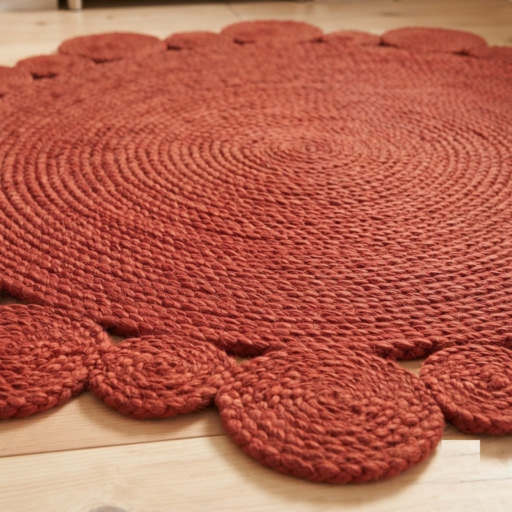 Round Shape Area Rug 100% Hand Braided Rustic Look Carpet for Home Decor Farmhouse Boho Scallop Rugs (Red)