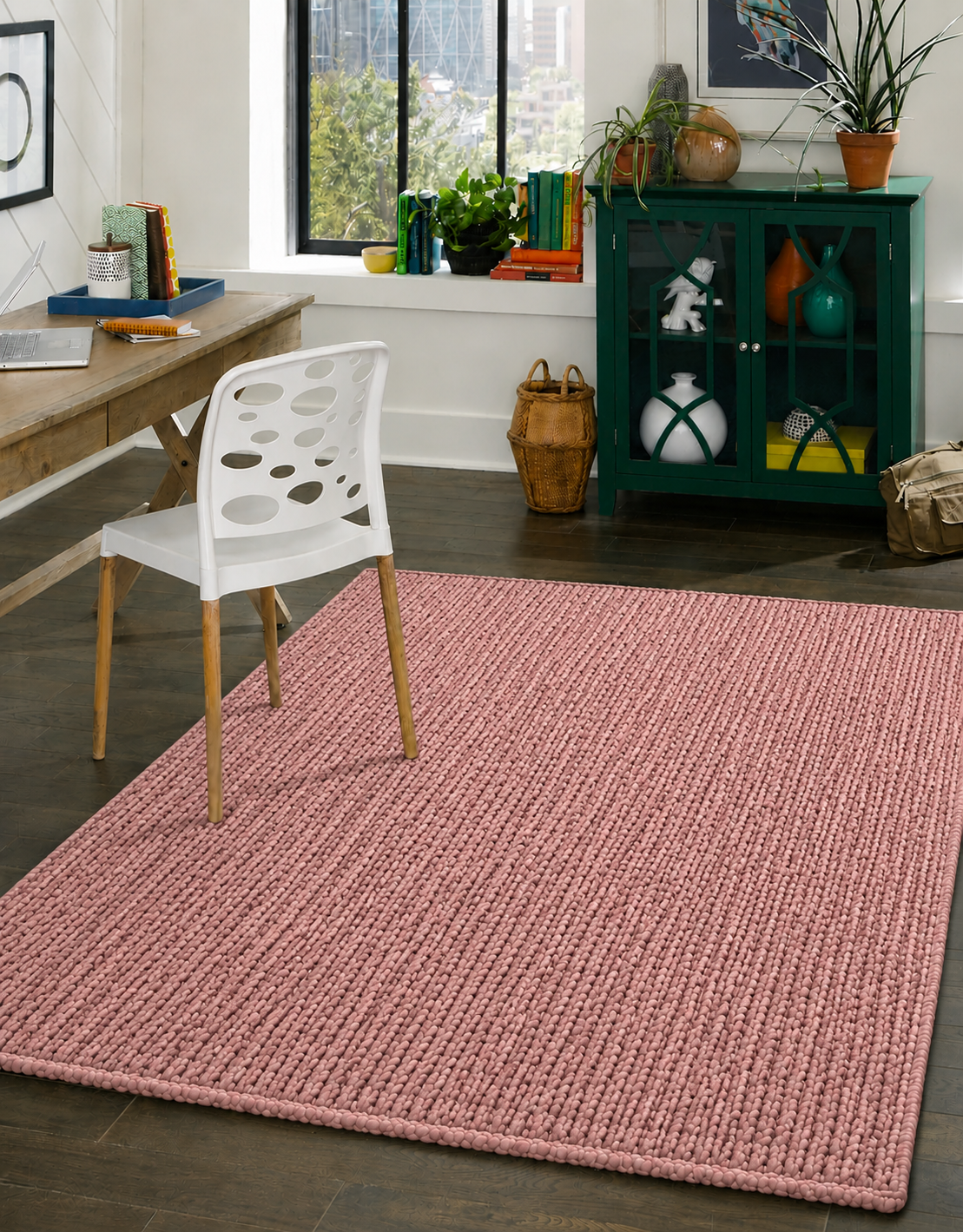 Natural Handwoven Jute Area Rug Natural Pink Dye Farmhouse Boho Rug for Living Room, Bedroom & Entryway Rustic Indoor Floor Mat