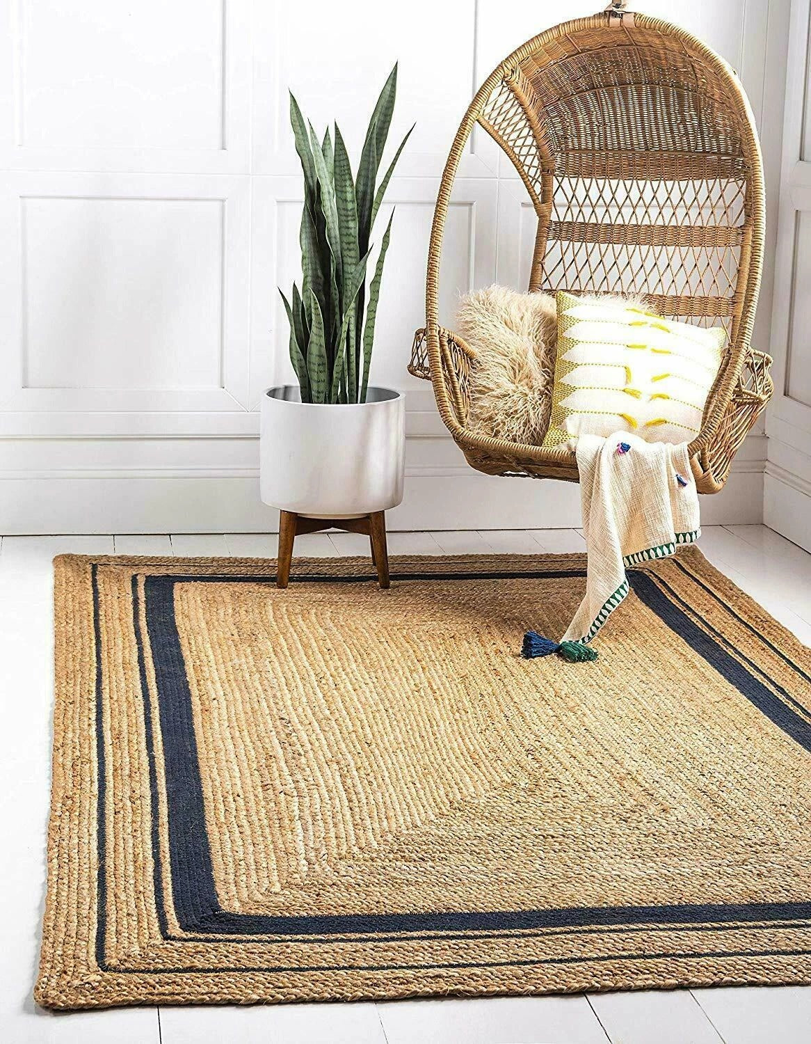 Rectangle Natural Jute Area Rug Hand Woven Braided Sisal Rug Home Decor Farmhouse Carpet Rag Rug for Kitchen Living Room and Bedroom (Black Border)