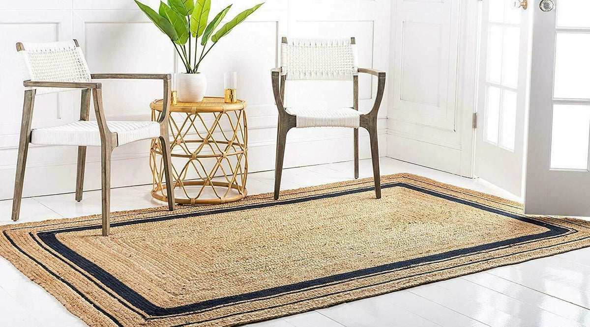 Rectangle Natural Jute Area Rug Hand Woven Braided Sisal Rug Home Decor Farmhouse Carpet Rag Rug for Kitchen Living Room and Bedroom (Black Border)