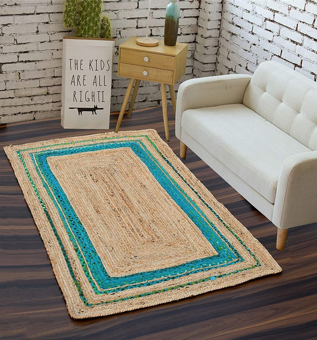 Rectangle Cotton Jute Area Rug Hand Woven Braided Rag Rug for Kitchen Living Room Guestroom Area Rug-Green & Beige