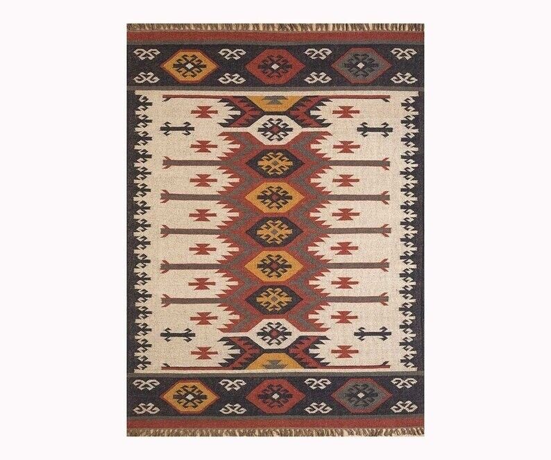 Durable Handmade Kilim Wool Boho Rustic Look Jute Rug Farmhouse Rectangle Mats Area Carpet (Beige, Brown,Black)