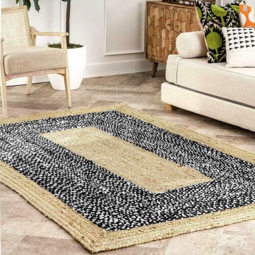 Rectangle Cotton Jute Area Rug Hand Woven Braided Rag Rug for Kitchen Living Room Guestroom Area Rug-Black White Beige