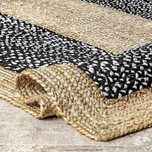 Rectangle Cotton Jute Area Rug Hand Woven Braided Rag Rug for Kitchen Living Room Guestroom Area Rug-Black White Beige