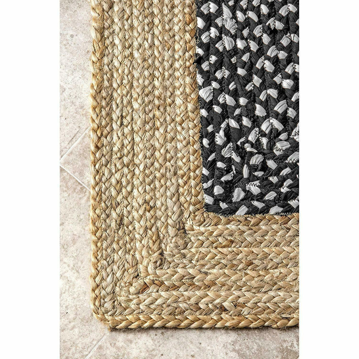 Rectangle Cotton Jute Area Rug Hand Woven Braided Rag Rug for Kitchen Living Room Guestroom Area Rug-Black White Beige