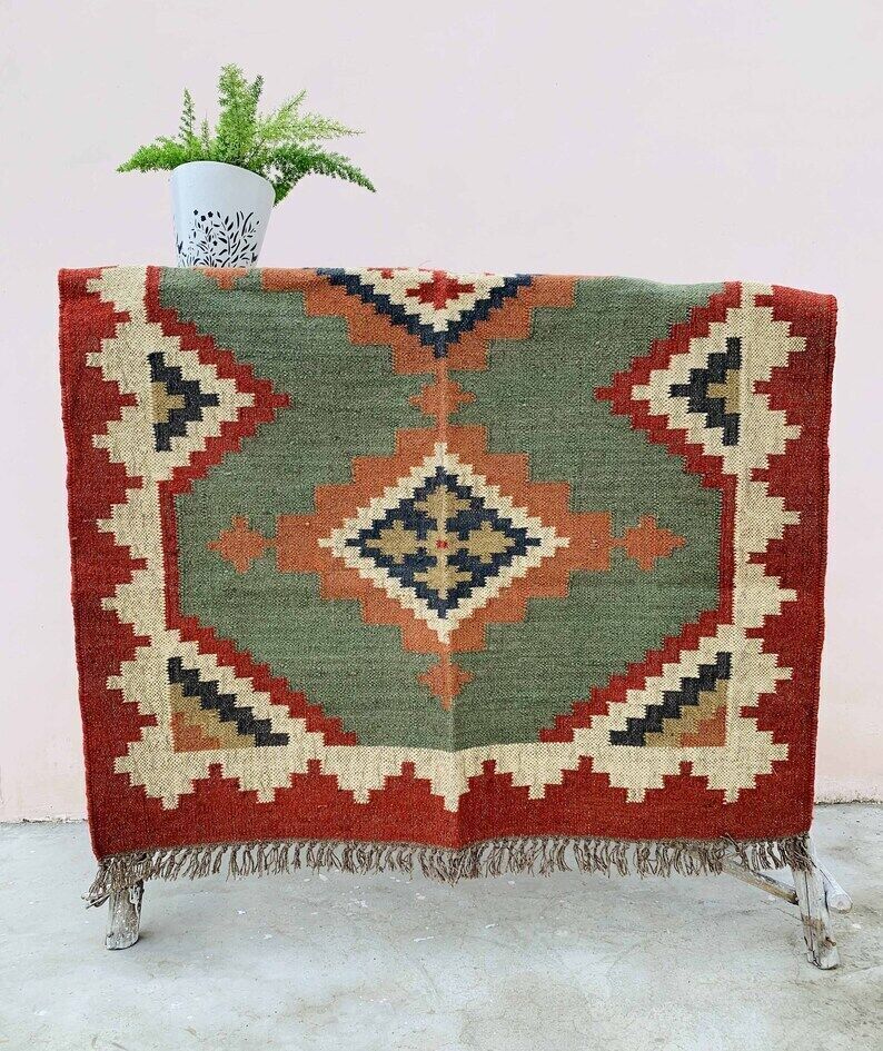 Handmade Durable Farmhouse Rectangle Kilim Wool Boho Jute Rug Mats Area Carpet Rustic Look