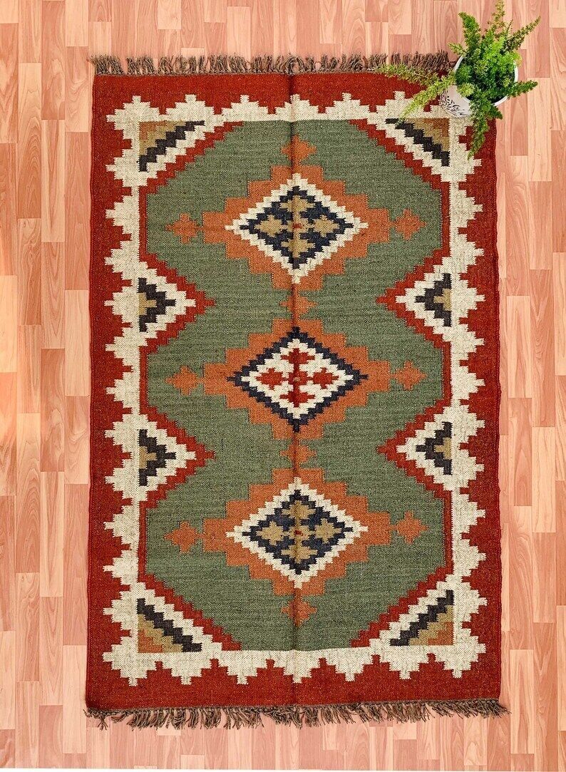 Handmade Durable Farmhouse Rectangle Kilim Wool Boho Jute Rug Mats Area Carpet Rustic Look