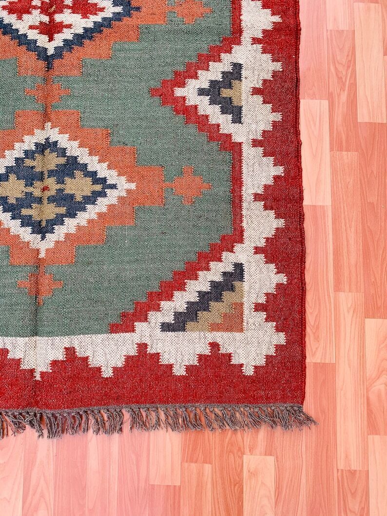 Handmade Durable Farmhouse Rectangle Kilim Wool Boho Jute Rug Mats Area Carpet Rustic Look