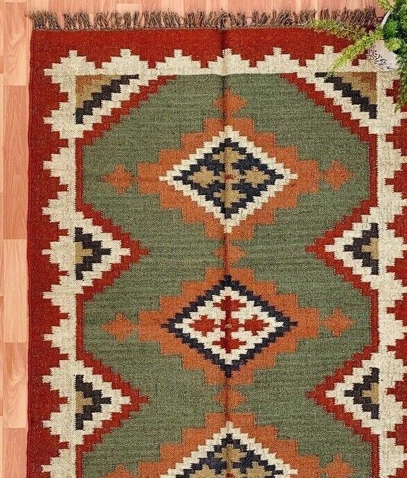 Handmade Durable Farmhouse Rectangle Kilim Wool Boho Jute Rug Mats Area Carpet Rustic Look
