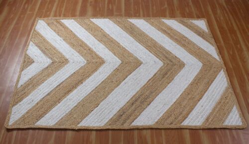 Rectangle Cotton Jute Area Rug Hand Woven Braided Rag Rug for Kitchen Living Room Guestroom Farmhouse Area Rug -White & Beige