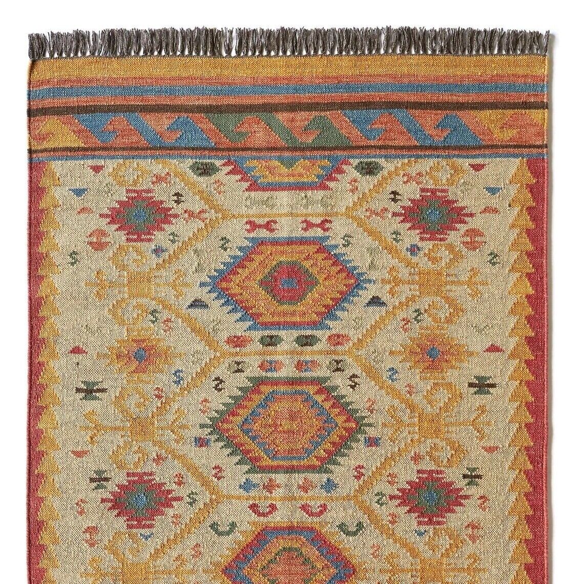 Handmade Durable Farmhouse Rectangle Kilim Wool Boho Jute Rug Mats Area Carpet Rustic Look