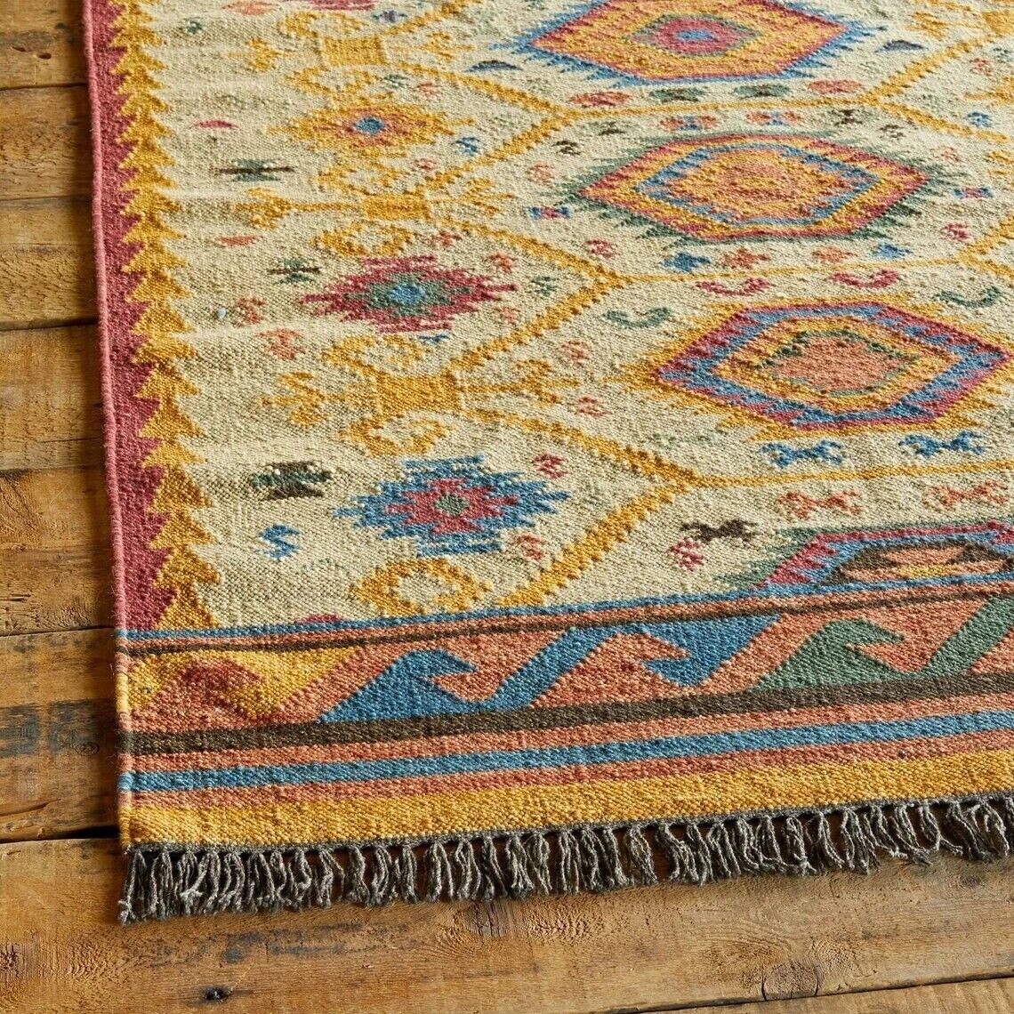 Handmade Durable Farmhouse Rectangle Kilim Wool Boho Jute Rug Mats Area Carpet Rustic Look