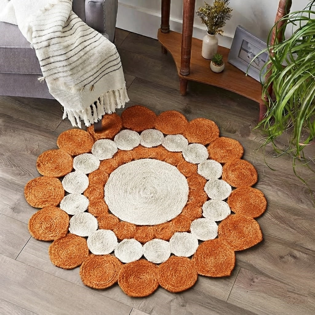 Jute Rug Round Shape Area Rug 100% Hand Braided Rustic Look Area Rug for Home Decor Farmhouse Boho Carpet Mats (Orange & White)