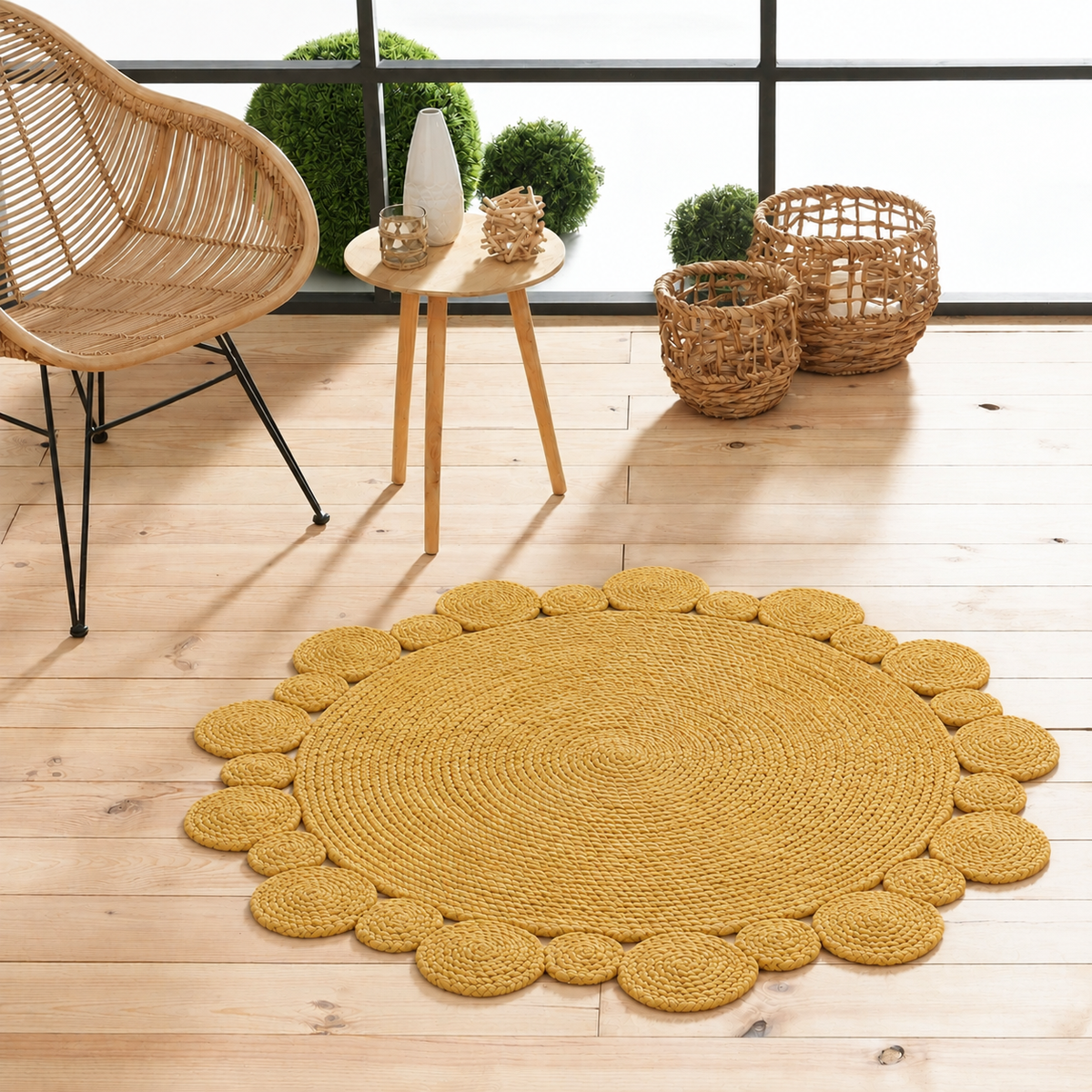 Round Shape Area Rug 100% Hand Braided Rustic Look Carpet for Home Decor Farmhouse Boho Scallop Rugs (Yellow)