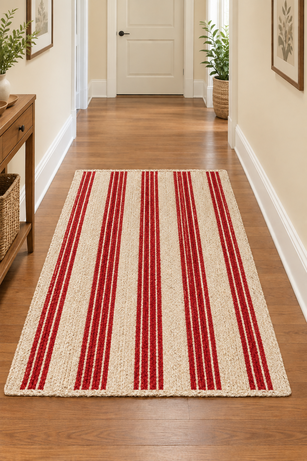 Rectangle Jute Area Rug Hand Woven Braided Sisal Rug Home Decor Farmhouse Carpet Rag Rug for Kitchen Living Room and Bedroom-Beige & Red Stripe