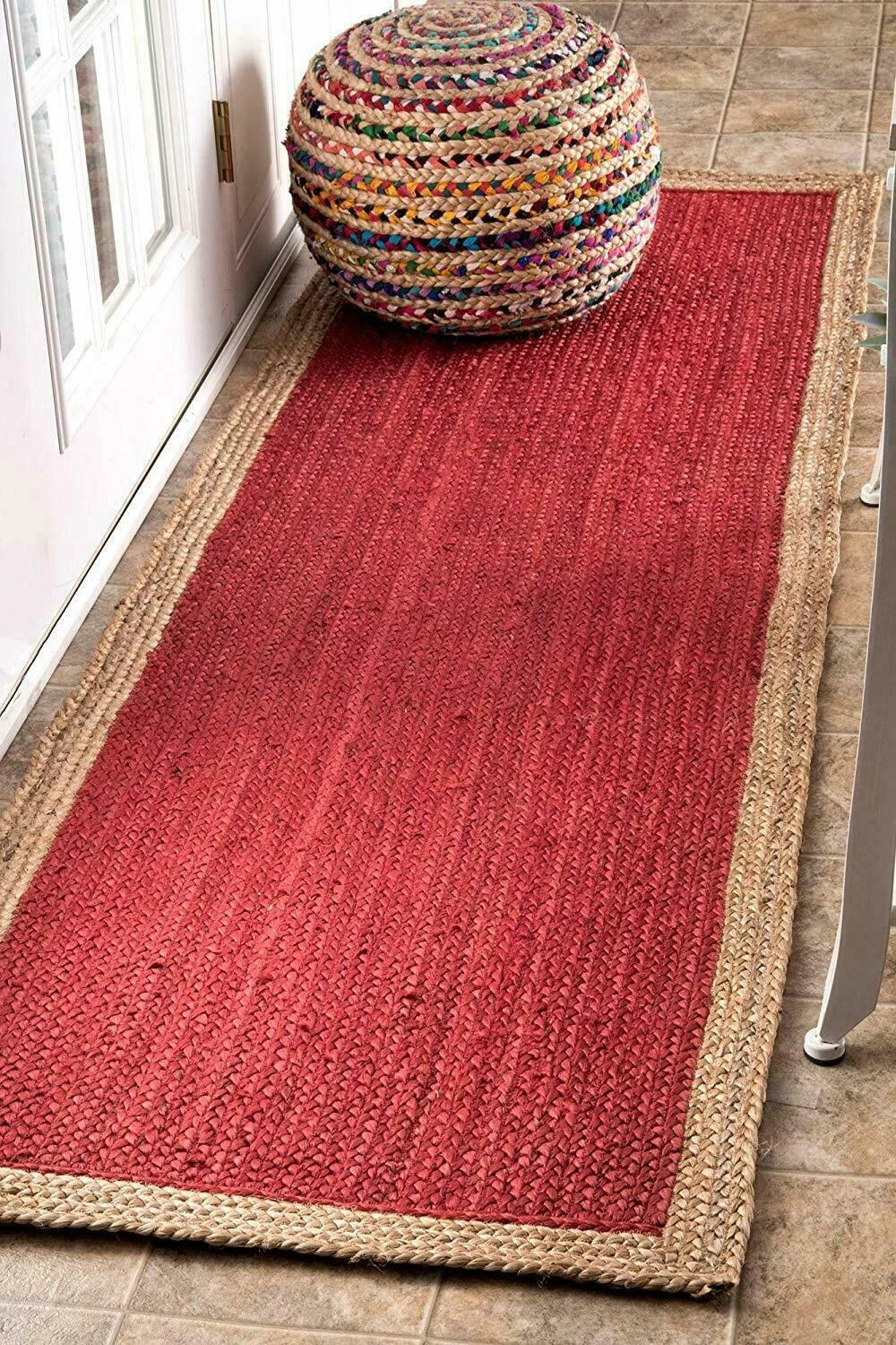 Rectangle Natural Jute Area Rug Hand Woven Braided Sisal Rug Home Decor Farmhouse Carpet Rag Rug for Kitchen Living Room and Bedroom-Red Dye