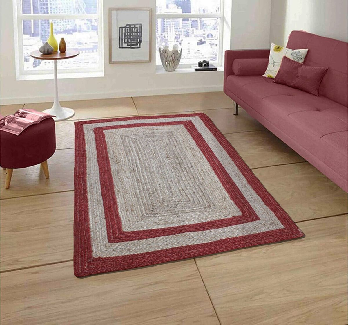 Rectangle Natural Jute Area Rug Hand Woven Braided Designer Carpet Rag Rug for Kitchen Living Room and Bedroom Area Rug (Red Border)