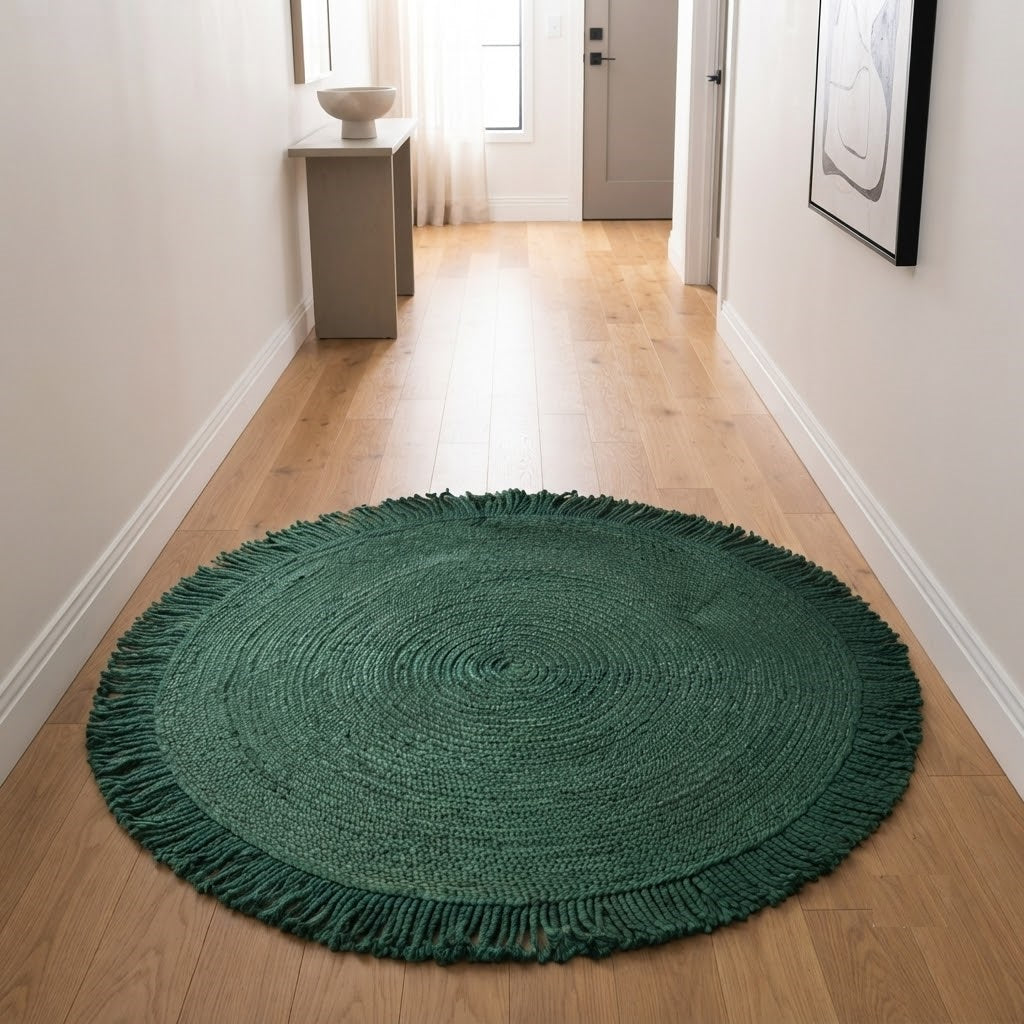 Round Shape Area Rug 100% Hand Braided Rustic Look Carpet for Home Decor Farmhouse Boho Rugs Mats With Fringes (Green)