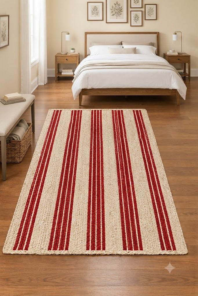 Rectangle Jute Area Rug Hand Woven Braided Sisal Rug Home Decor Farmhouse Carpet Rag Rug for Kitchen Living Room and Bedroom-Beige & Red Stripe