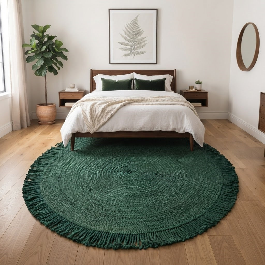 Round Shape Area Rug 100% Hand Braided Rustic Look Carpet for Home Decor Farmhouse Boho Rugs Mats With Fringes (Green)