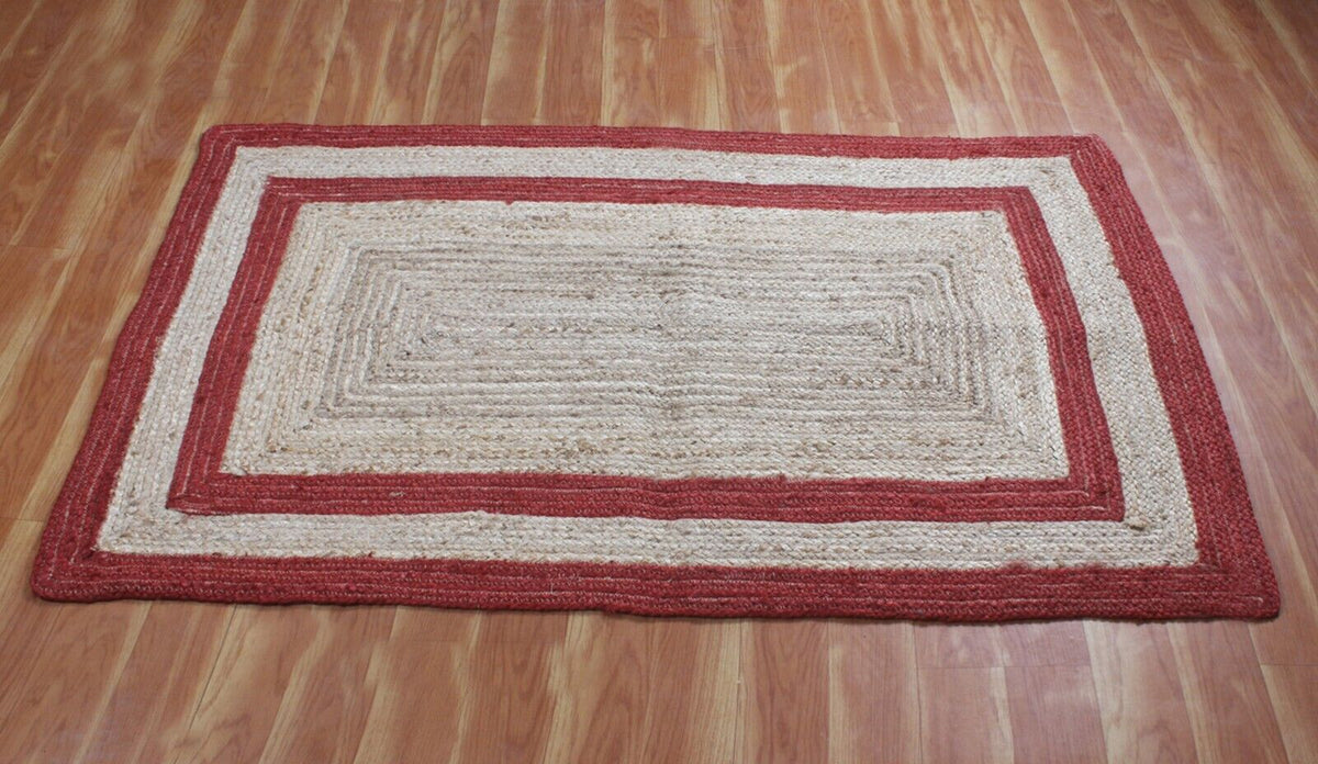 Rectangle Natural Jute Area Rug Hand Woven Braided Designer Carpet Rag Rug for Kitchen Living Room and Bedroom Area Rug (Red Border)