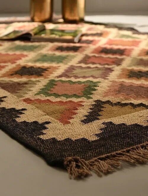 Handmade Rectangle Kilim Durable Area Carpet Jute Rug WoolBoho Rustic Look Farmhouse Mats