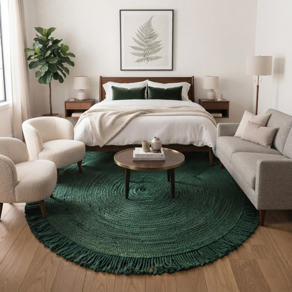Round Shape Area Rug 100% Hand Braided Rustic Look Carpet for Home Decor Farmhouse Boho Rugs Mats With Fringes (Green)