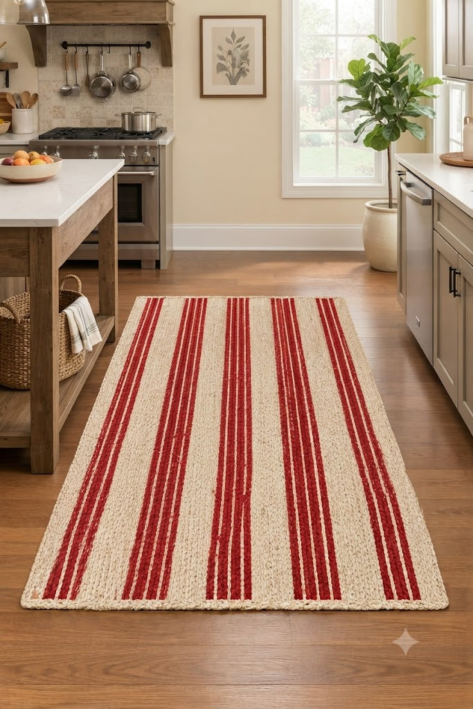 Rectangle Jute Area Rug Hand Woven Braided Sisal Rug Home Decor Farmhouse Carpet Rag Rug for Kitchen Living Room and Bedroom-Beige & Red Stripe