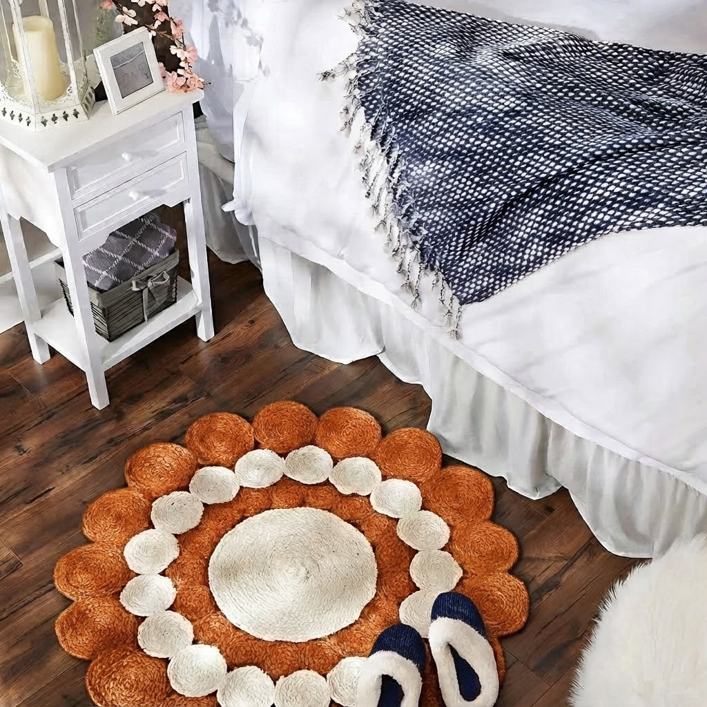 Jute Rug Round Shape Area Rug 100% Hand Braided Rustic Look Area Rug for Home Decor Farmhouse Boho Carpet Mats (Orange & White)