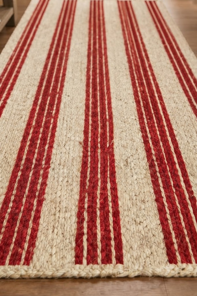 Rectangle Jute Area Rug Hand Woven Braided Sisal Rug Home Decor Farmhouse Carpet Rag Rug for Kitchen Living Room and Bedroom-Beige & Red Stripe
