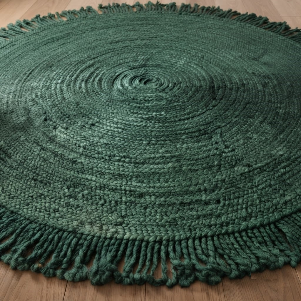 Round Shape Area Rug 100% Hand Braided Rustic Look Carpet for Home Decor Farmhouse Boho Rugs Mats With Fringes (Green)