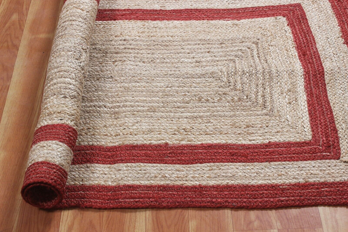 Rectangle Natural Jute Area Rug Hand Woven Braided Designer Carpet Rag Rug for Kitchen Living Room and Bedroom Area Rug (Red Border)