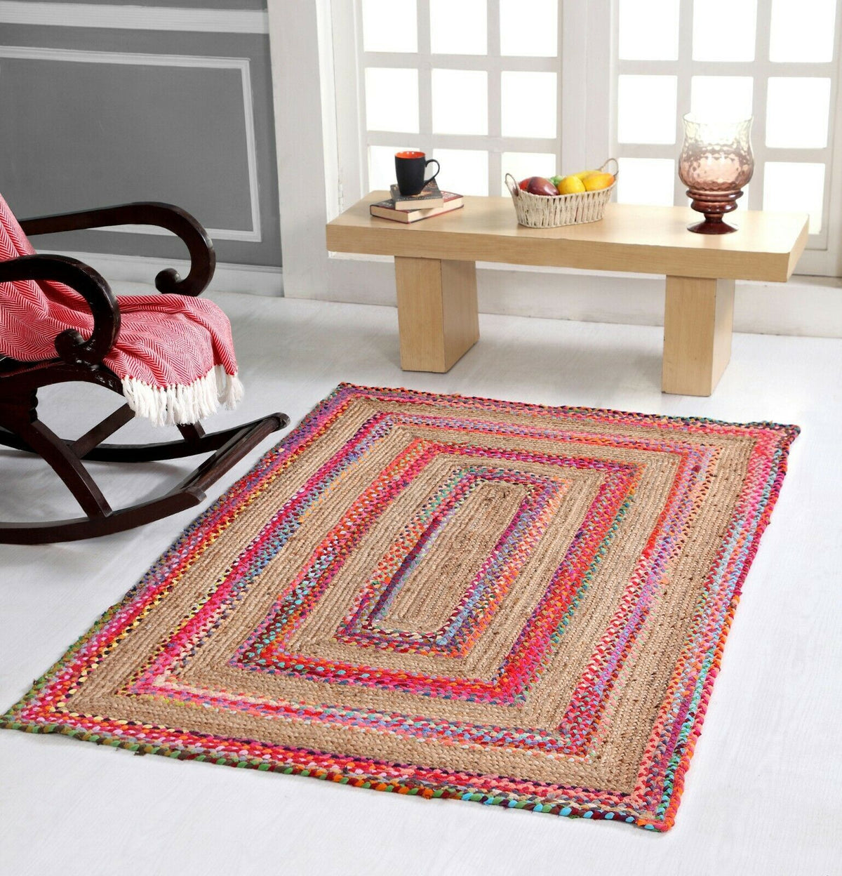 Rectangle Cotton Jute Area Rug Hand Woven Braided Rag Rug for Kitchen Living Room Guestroom Farmhouse Area Rug -Multicolor