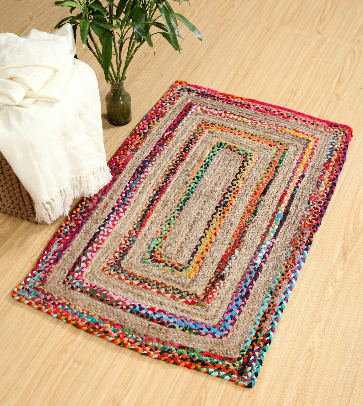 Rectangle Cotton Jute Area Rug Hand Woven Braided Rag Rug for Kitchen Living Room Guestroom Farmhouse Area Rug -Multicolor