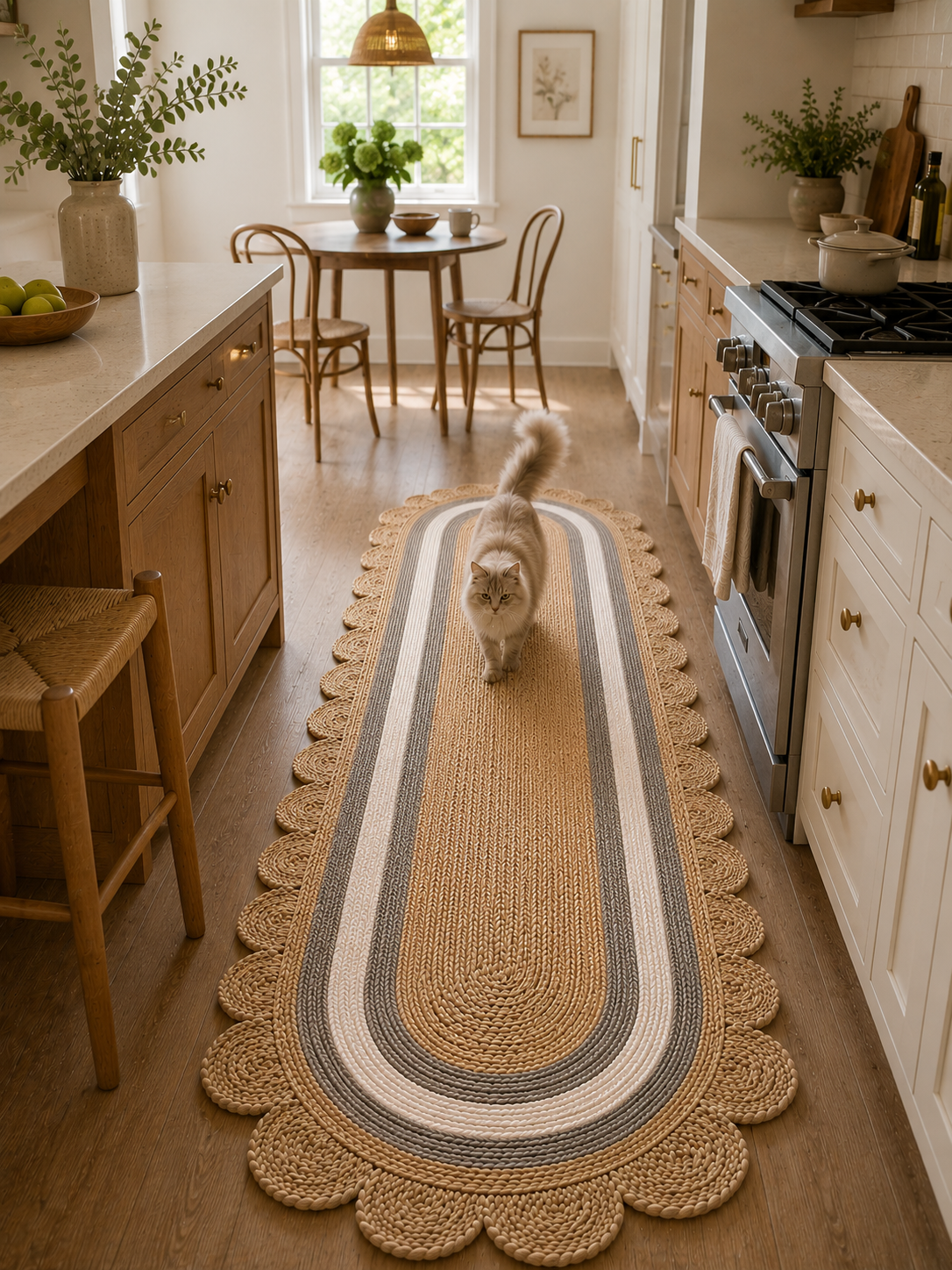 Oval Handwoven Jute Area Rug Natural Farmhouse Boho Rug for Living Room, Bedroom & Entryway Rustic Indoor Floor Scallop Carpet (Grey White Border)