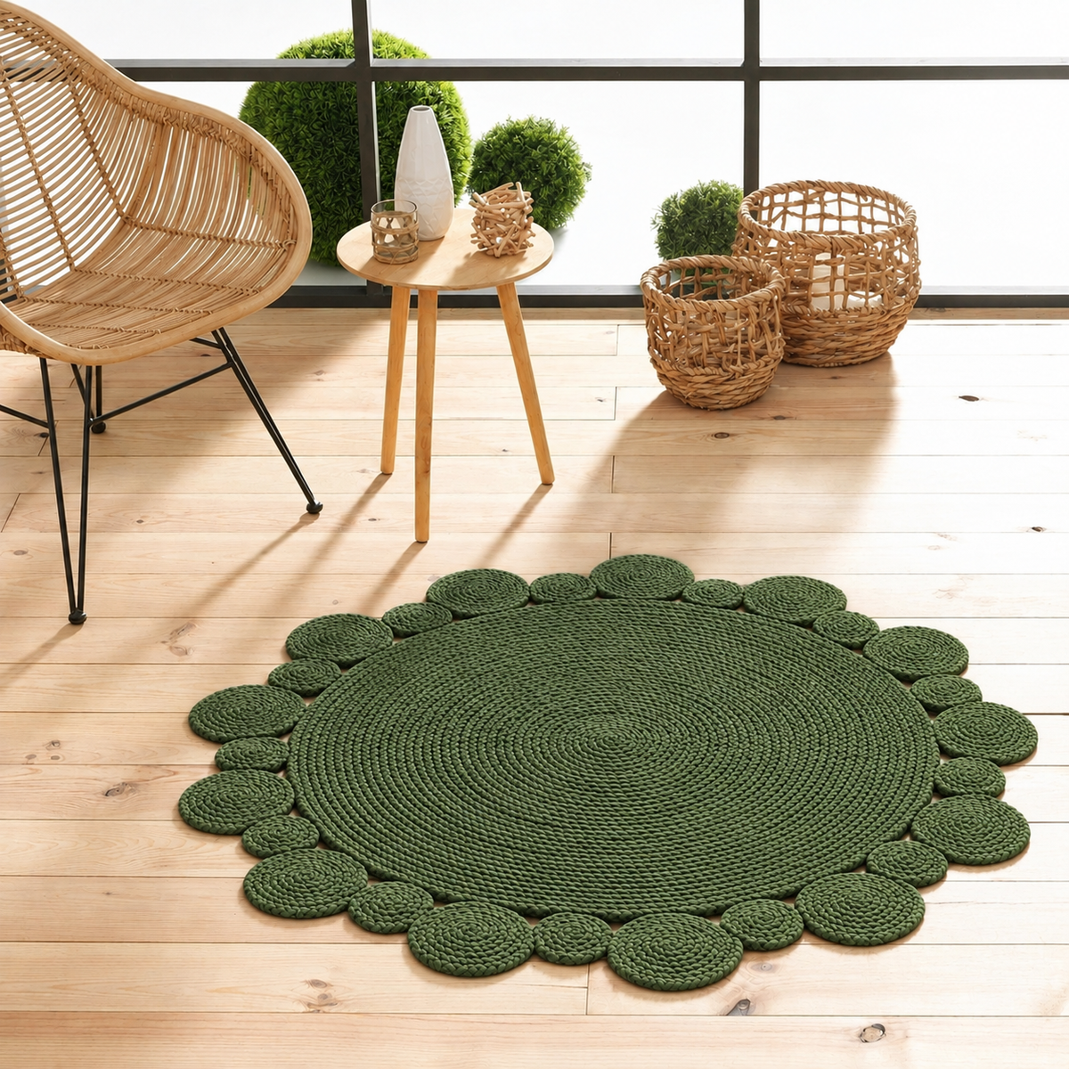 Round Shape Area Rug 100% Hand Braided Rustic Look Carpet for Home Decor Farmhouse Boho Scallop Rugs (Green)