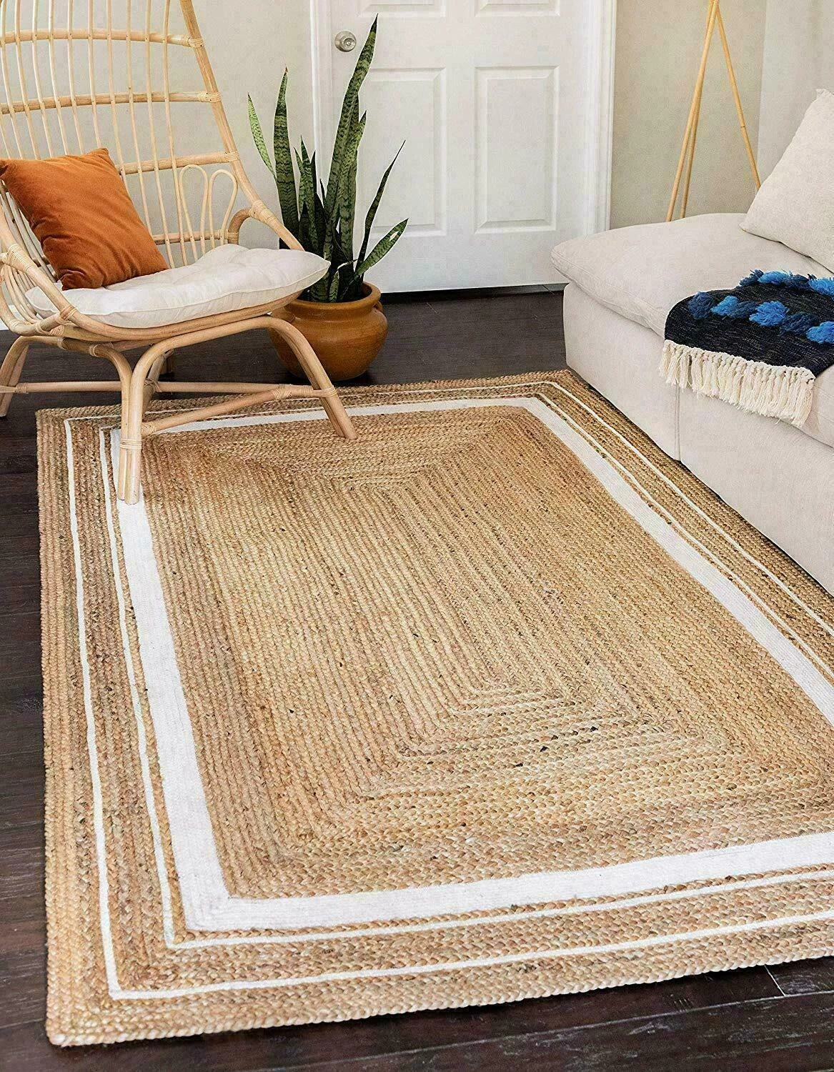 Rectangle Natural Jute Area Rug Hand Woven Braided Sisal Rug Home Decor Farmhouse Carpet Rag Rug for Kitchen Living Room and Bedroom-White Border